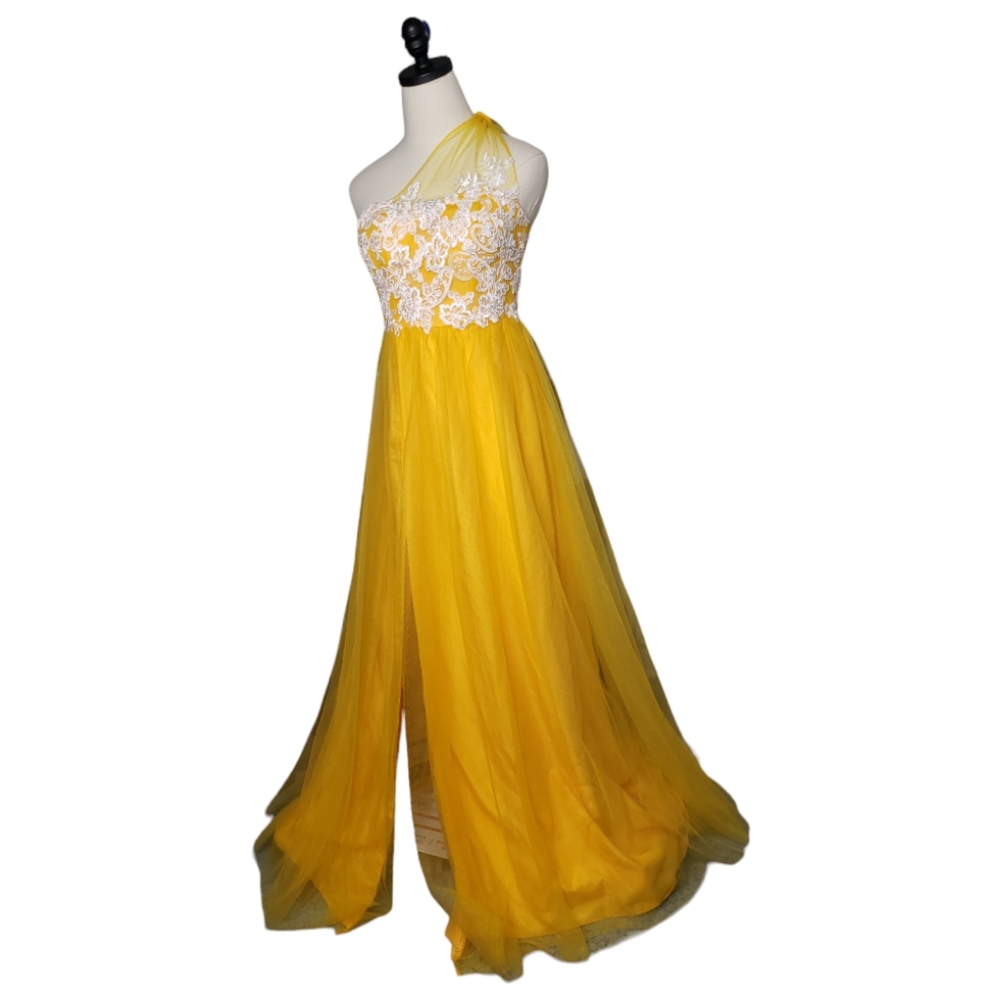 Azazie Ball Gown XS Golden Saffron Fantasy Fairy Tulle Lace One Shoulder Prom - Picture 5 of 17